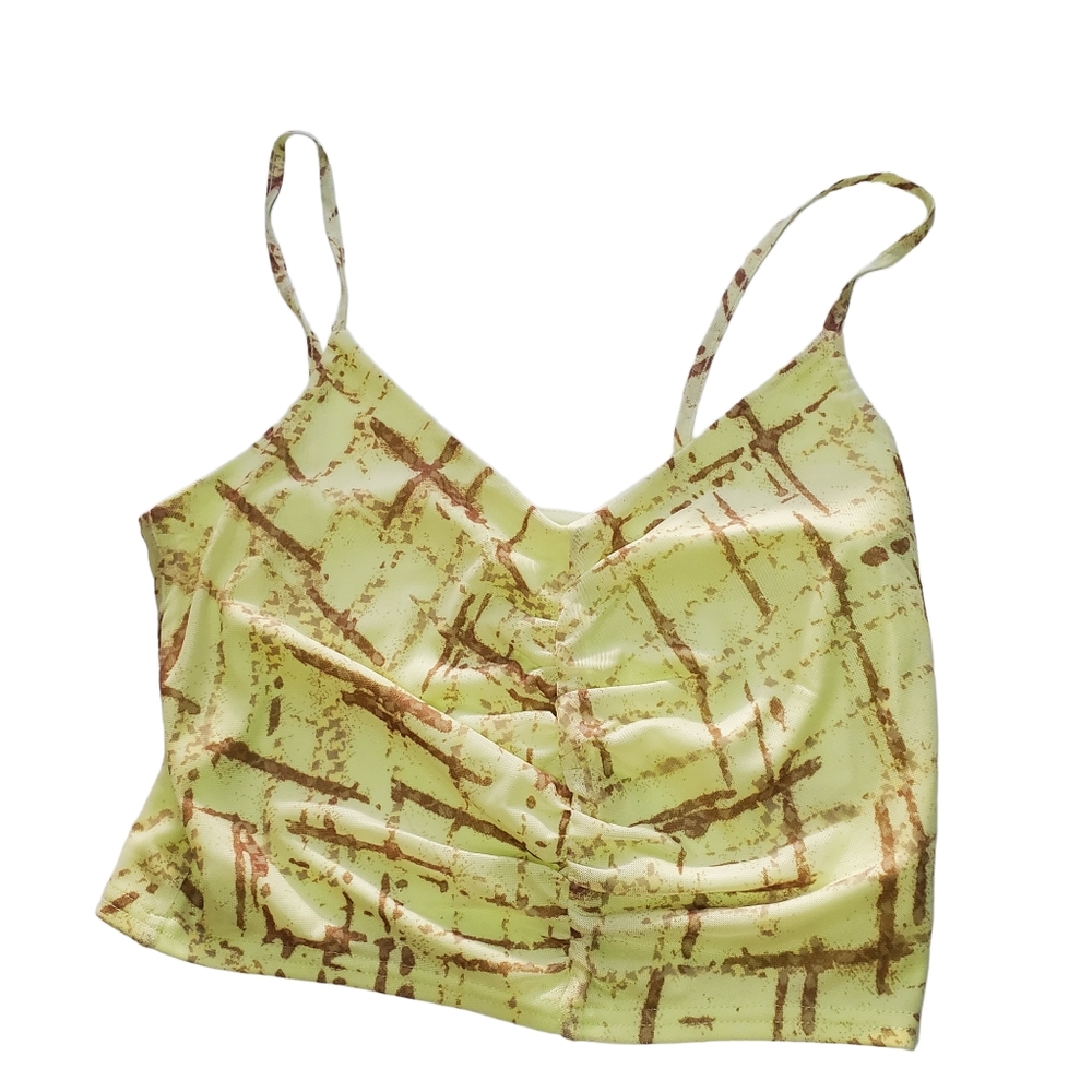 BP Ruched V-Neck Crop Top Tank in Green Cross Hatch Plaid Small
